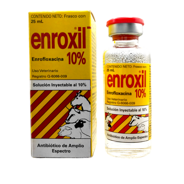 Frasco de Enroxil 10%, antibiótico para el tratamiento de infecciones en ganado y animales de producción.