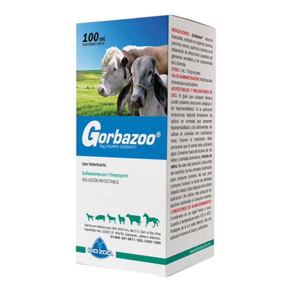 Gorbazoo inyectable para el tratamiento de infecciones respiratorias, urinarias y digestivas en animales como bovinos, ovinos, caprinos, perros, cerdos y caballos.