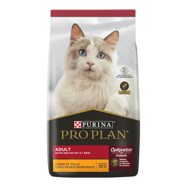 Bolsa de alimento Purina Pro Plan para gatos adultos, presentación de 3 kg, fórmula con OptiPrebio para digestión y salud urinaria.
