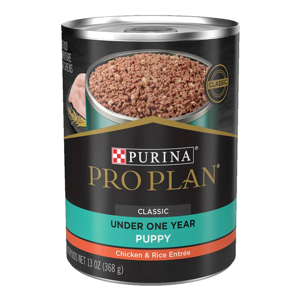 Lata de alimento húmedo Pro Plan para cachorros sabor pollo y arroz de 369 g, ideal para crecimiento y transición alimenticia.