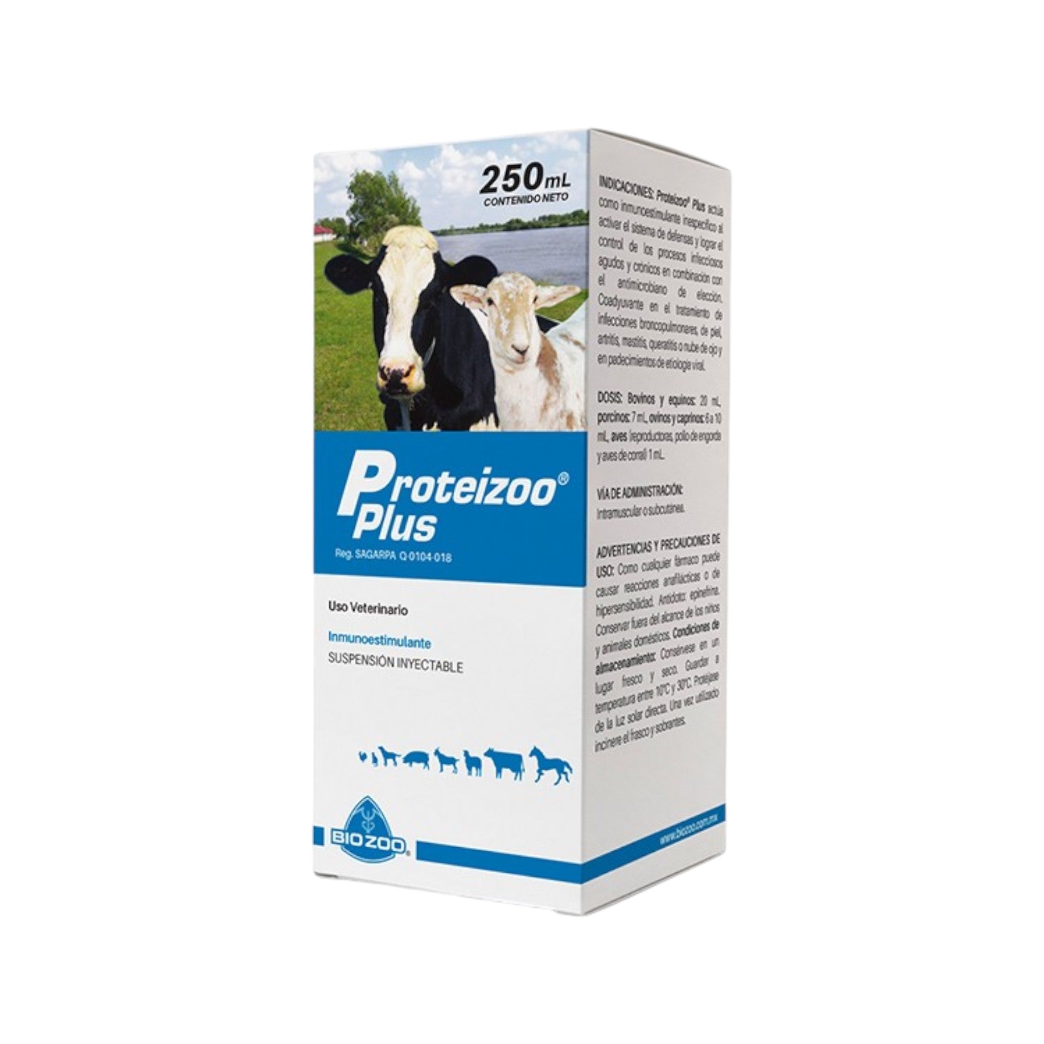 Imagen de la caja de Proteizoo Plus, inmunoestimulante veterinario para bovinos, caballos, aves y ovinos