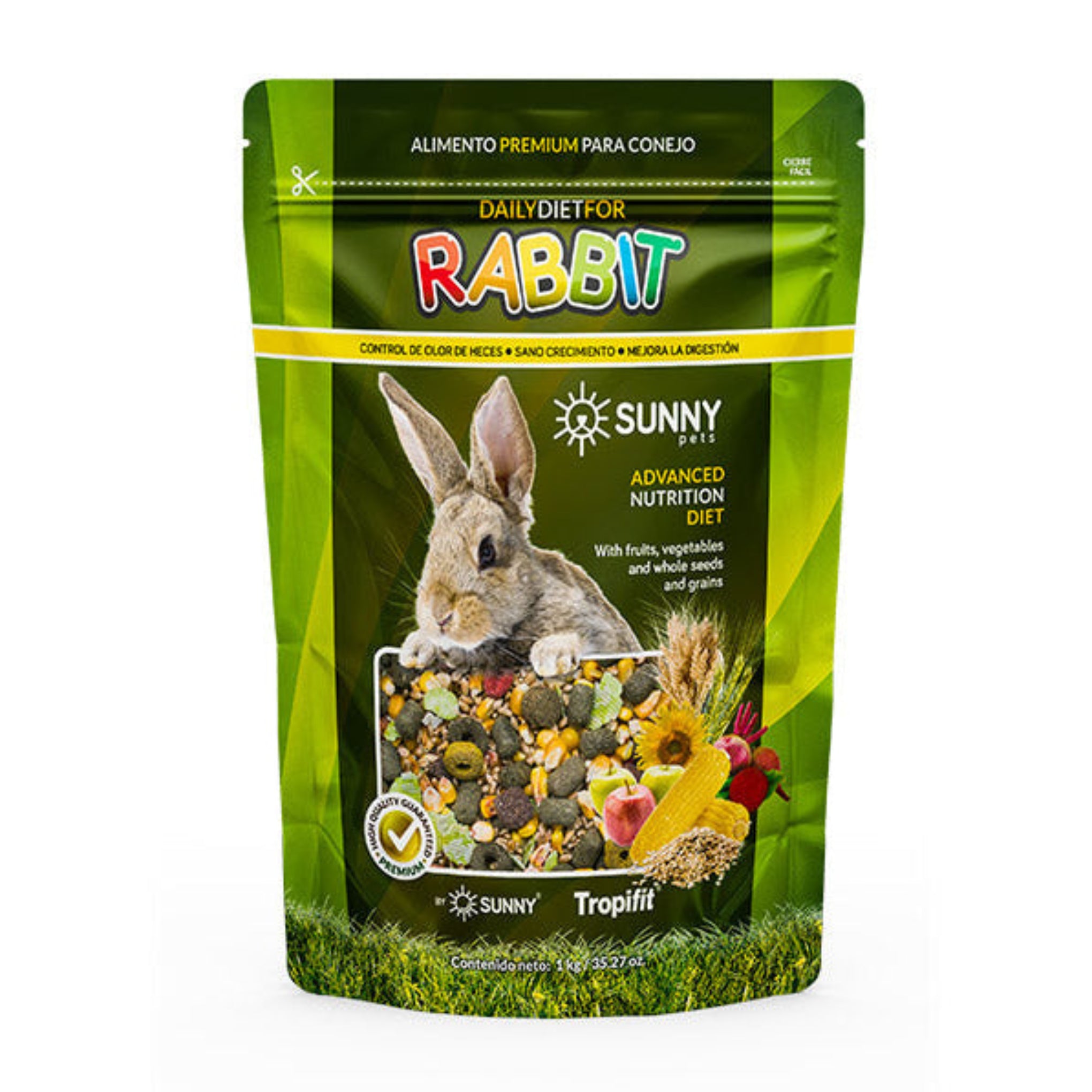 Alimento para conejos Rabbit Mix de Sunny en presentación de bolsa de 500g, mezcla de granos con manzana, girasol y maíz para una dieta balanceada