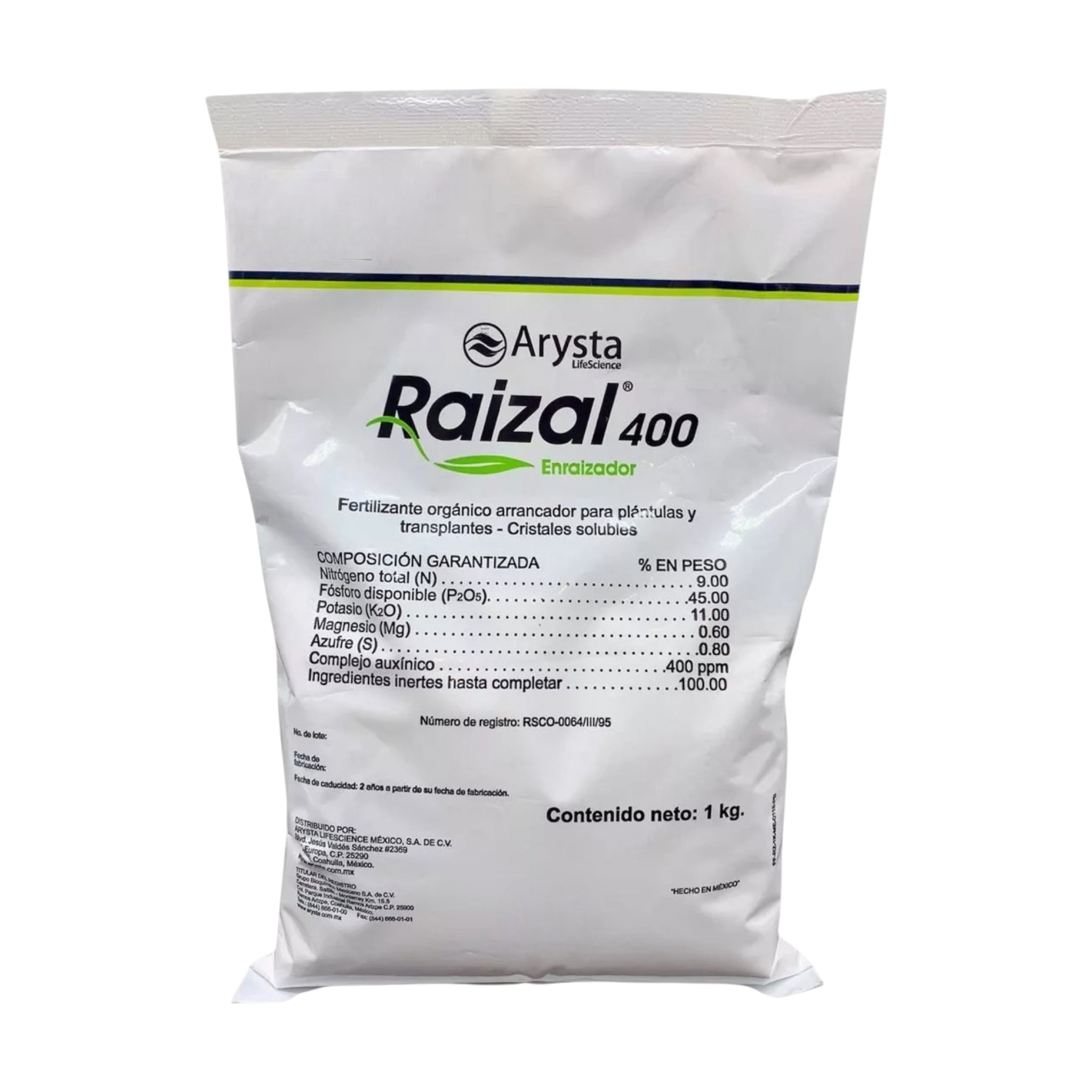 Bolsa de Raizal 400 fertilizante enraizador en cristales solubles con NPK, magnesio y azufre, ideal para fortalecer raíces en huertos y cultivos.