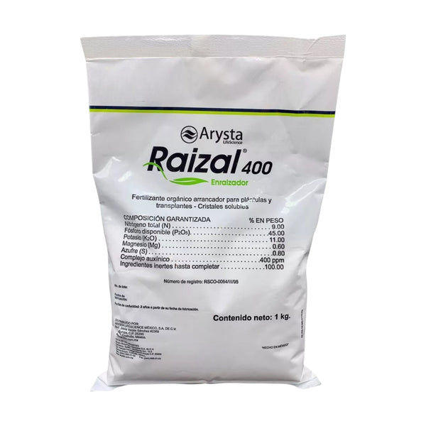 Bolsa de Raizal 400 fertilizante enraizador en cristales solubles con NPK, magnesio y azufre, ideal para fortalecer raíces en huertos y cultivos.