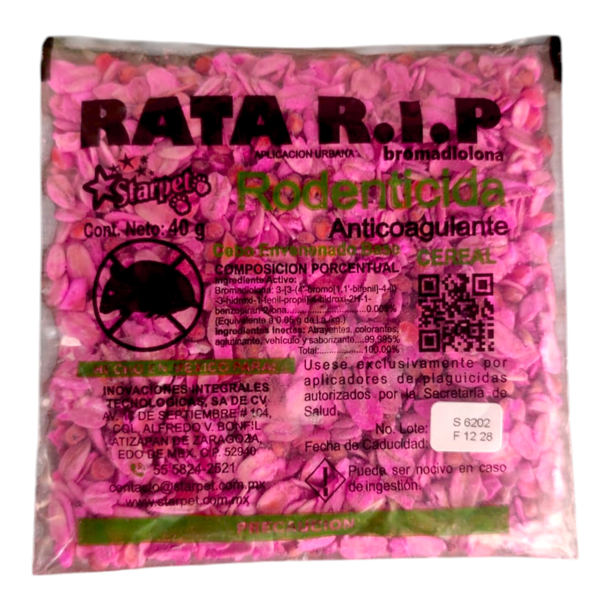 Sobre de Rata R.I.P rodenticida anticoagulante de segunda generación en presentación de 40 g, listo para colocar en zonas con ratas y ratones.