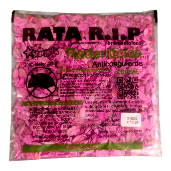Sobre de Rata R.I.P rodenticida anticoagulante de segunda generación en presentación de 40 g, listo para colocar en zonas con ratas y ratones.