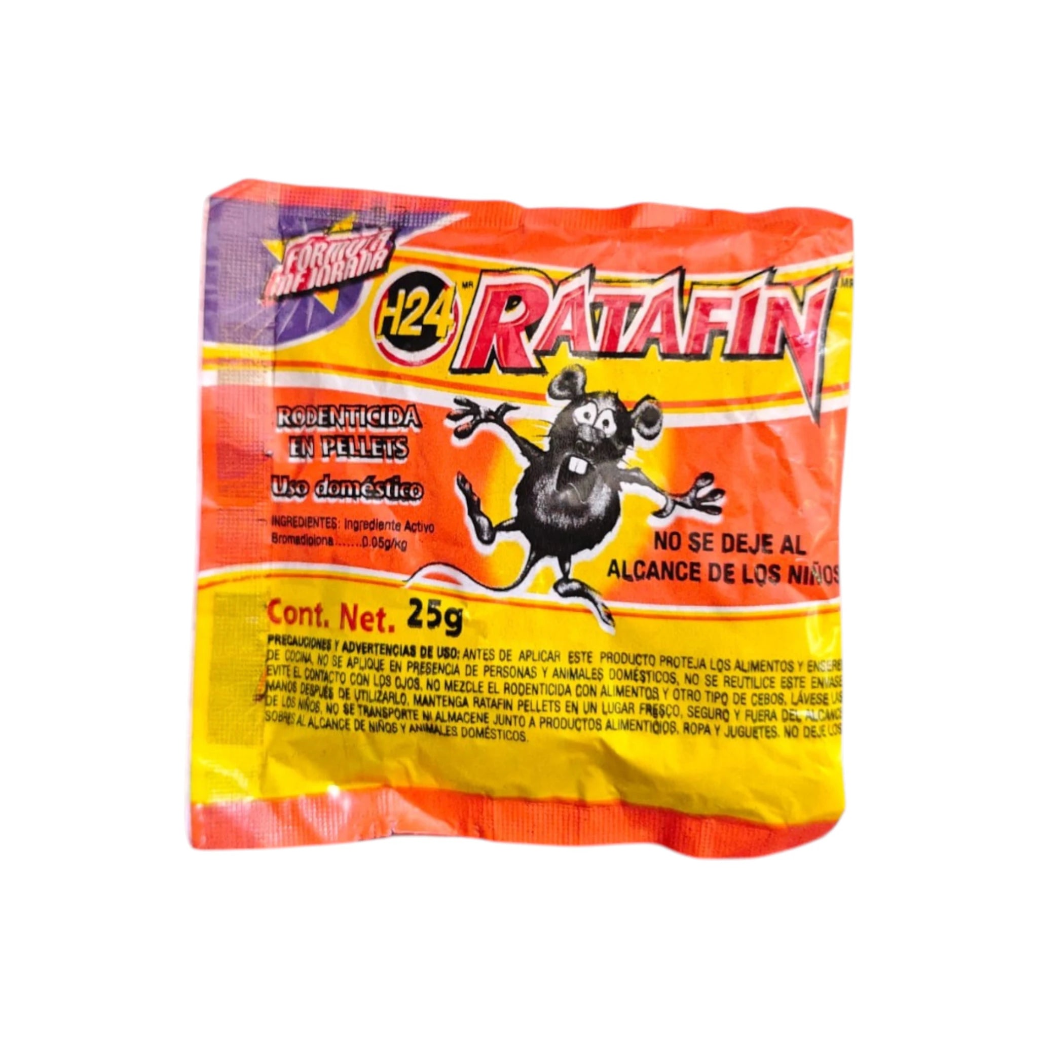 Sobre de 25g de Ratafin en pellets con bromadiolona 0.05g/kg para control de roedores en el hogar