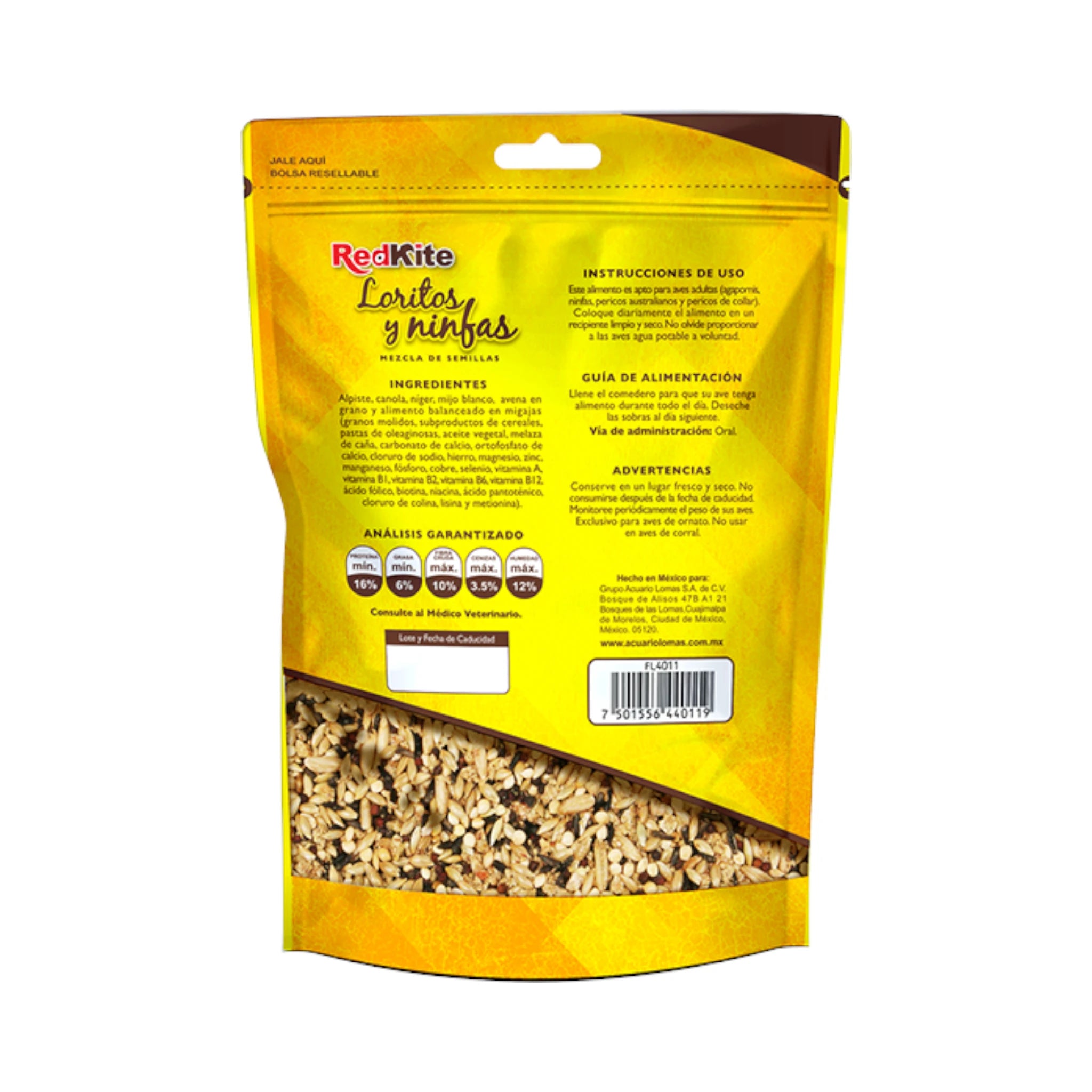Vista trasera del empaque de semillas RedKite para ninfas y periquitos con ingredientes, análisis garantizado e instrucciones.