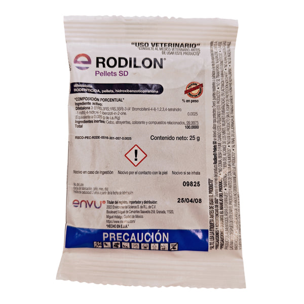 Sobre de Rodilon Pellets de 25 g, raticida en pellets listos para usar para control de ratas y ratones.
