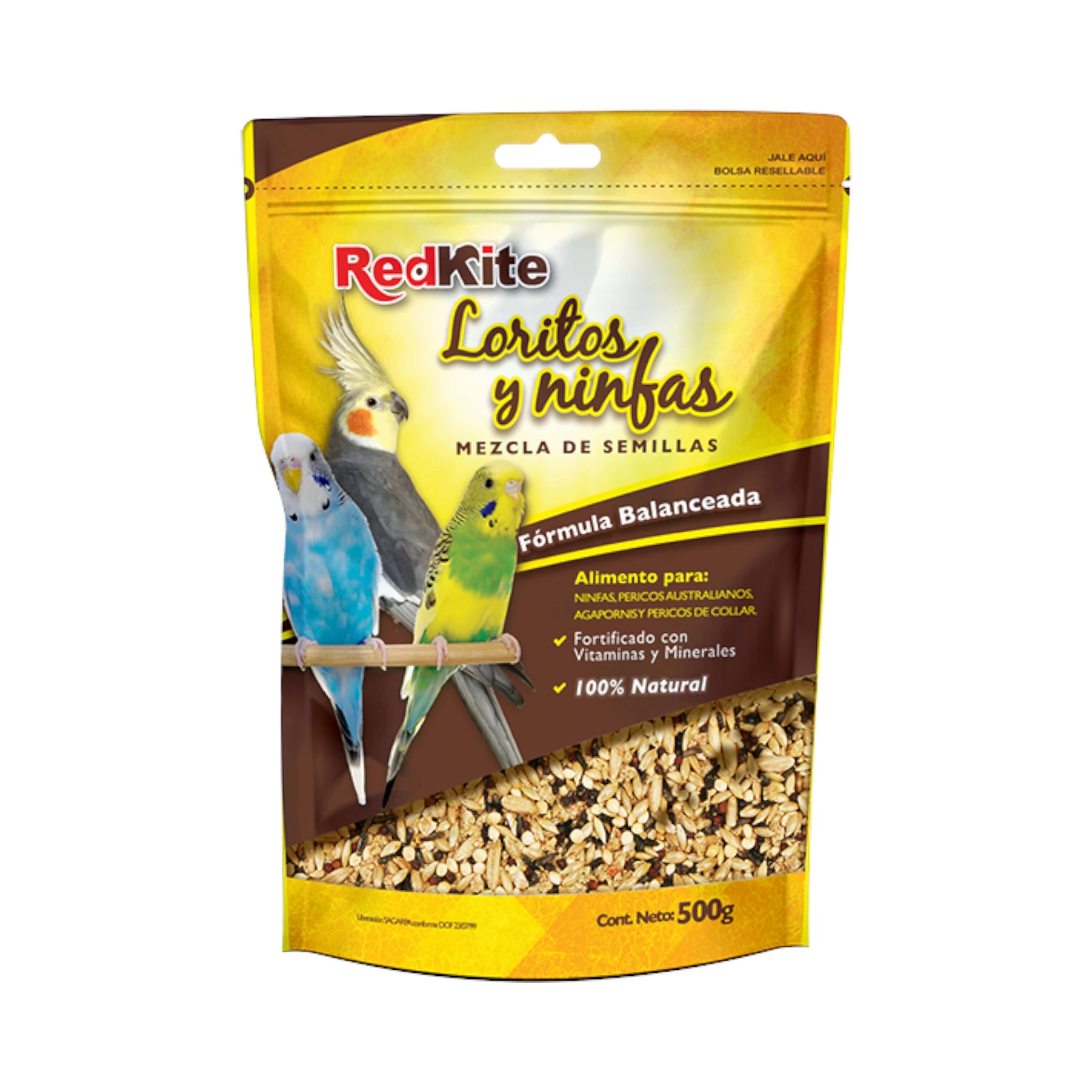 Bolsa de 500g de mezcla de semillas RedKite para ninfas y periquitos, fortificada con vitaminas y minerales.