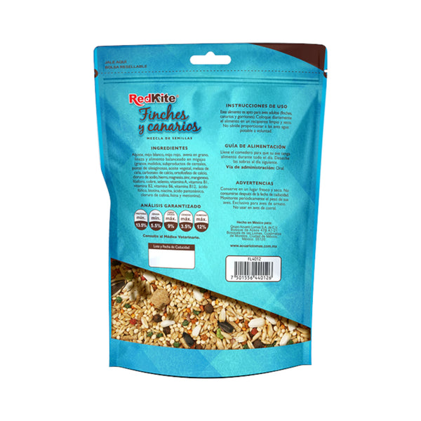 Dorso del empaque, muestra los Ingredientes y análisis nutricional de mezcla de semillas para aves RedKite