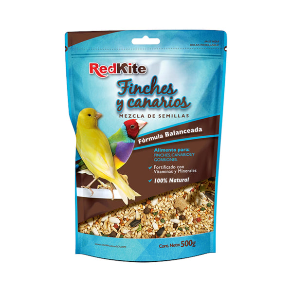 Frente del empaque de Mezcla de semillas RedKite para finches, canarios y gorriones 500g 