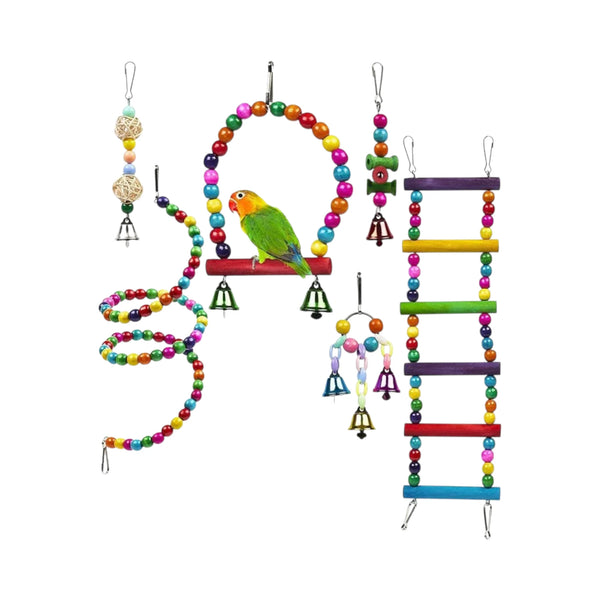 Conjunto de 6 juguetes interactivos para aves con campanas, columpios y escalera flexible.