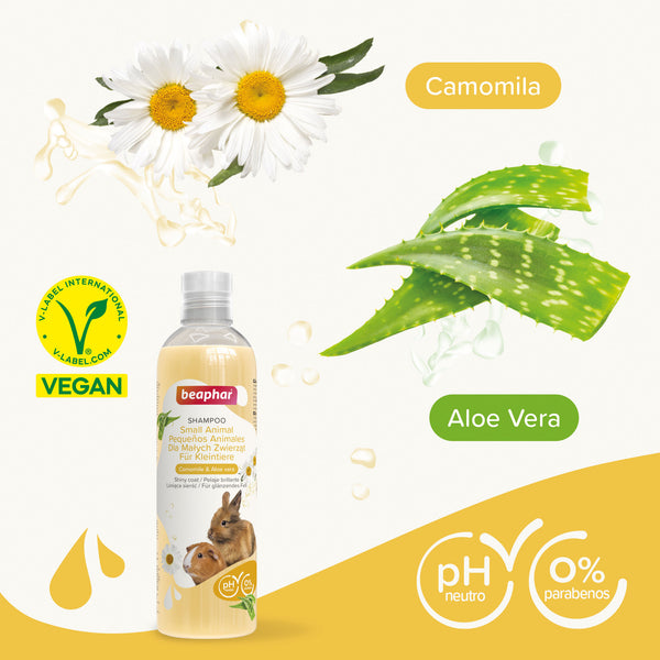 Imagen del shampoo con aloe vera, flores de manzanilla y sello vegano, ideal para pequeños mamíferos.