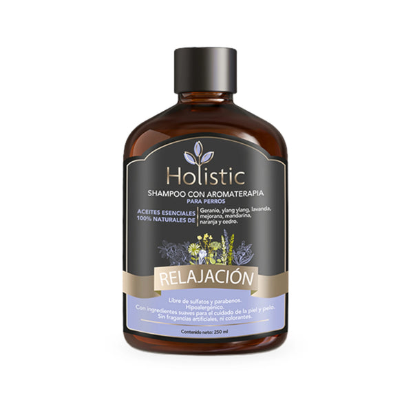 Envase de Shampoo Holístico con aromaterapia para perros, con aceites naturales relajantes como lavanda, mandarina y geranio.