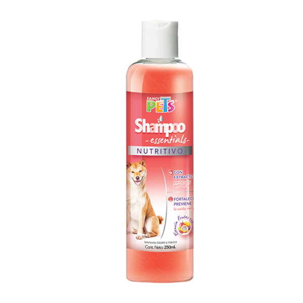 Botella de shampoo nutritivo para perros marca Fancy Pets, ideal para fortalecer el pelaje con caléndula, aloe vera y pantenol