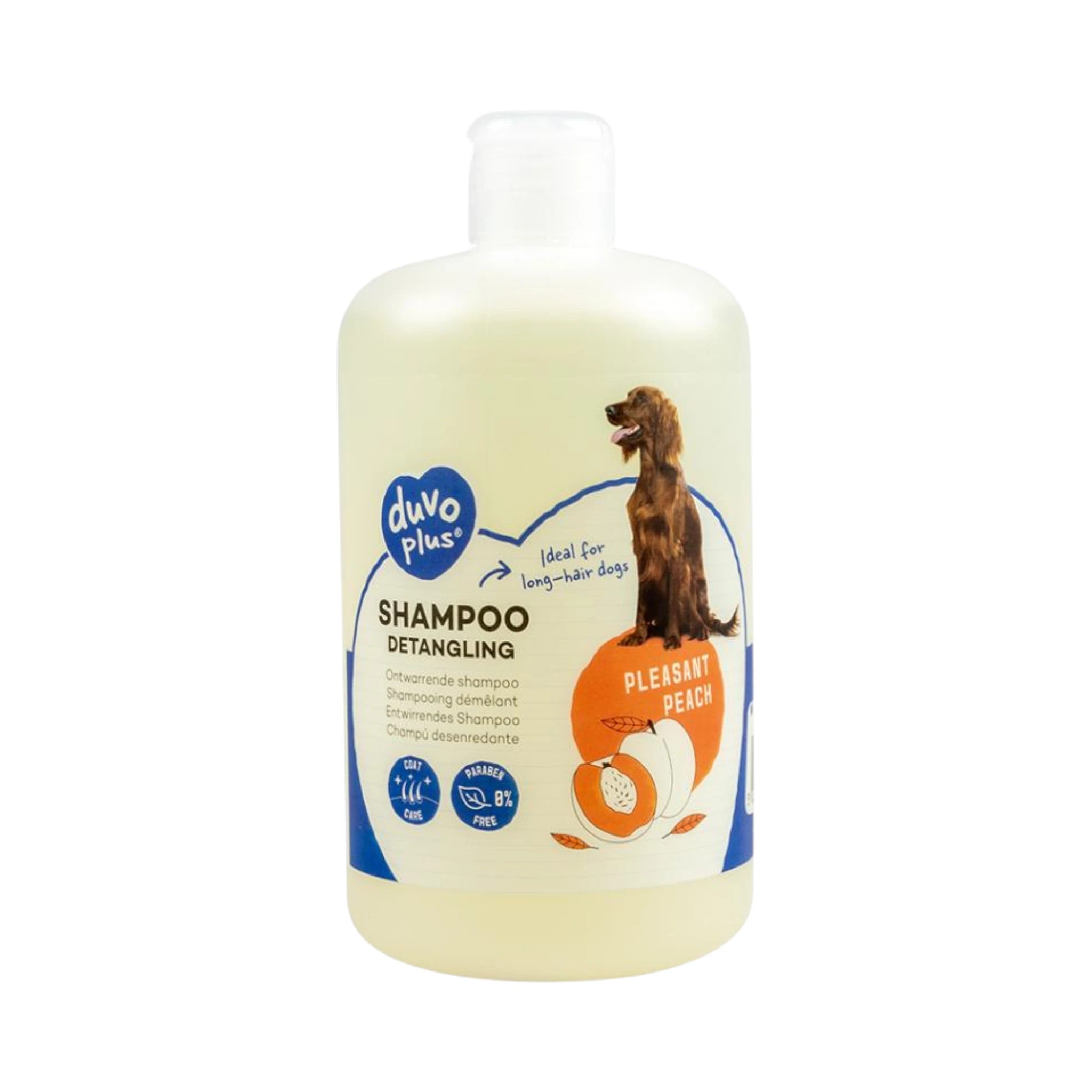 Envase del shampoo desenredante con melocotón para perros de pelo largo, 250 ml