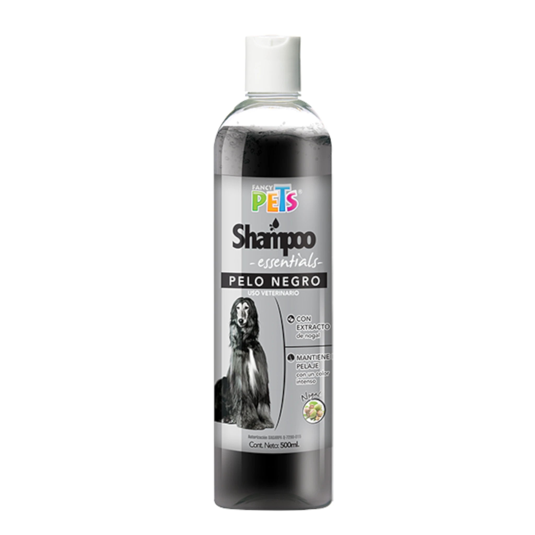 Envase del shampoo Fancy Pets para pelo negro de perros con extracto de nogal