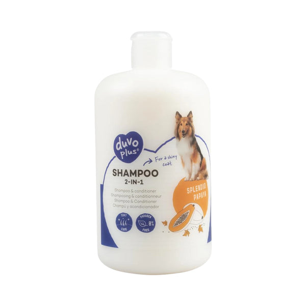 Envase de shampoo y acondicionador 2 en 1 con papaya para perros, presentación de 250 ml