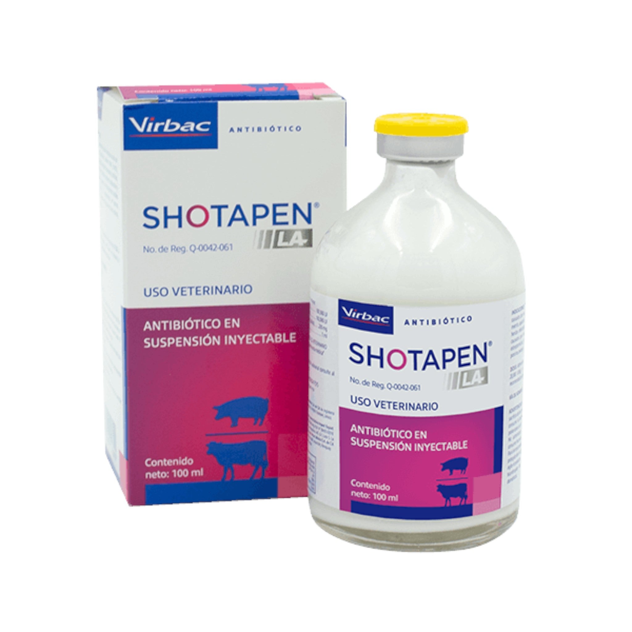 Fotografía del medicamento veterinario Shotapen, que muestra el frasco de 100ml junto a su caja, utilizado en bovinos, porcinos, equinos, caninos y felinos para tratar infecciones bacterianas.