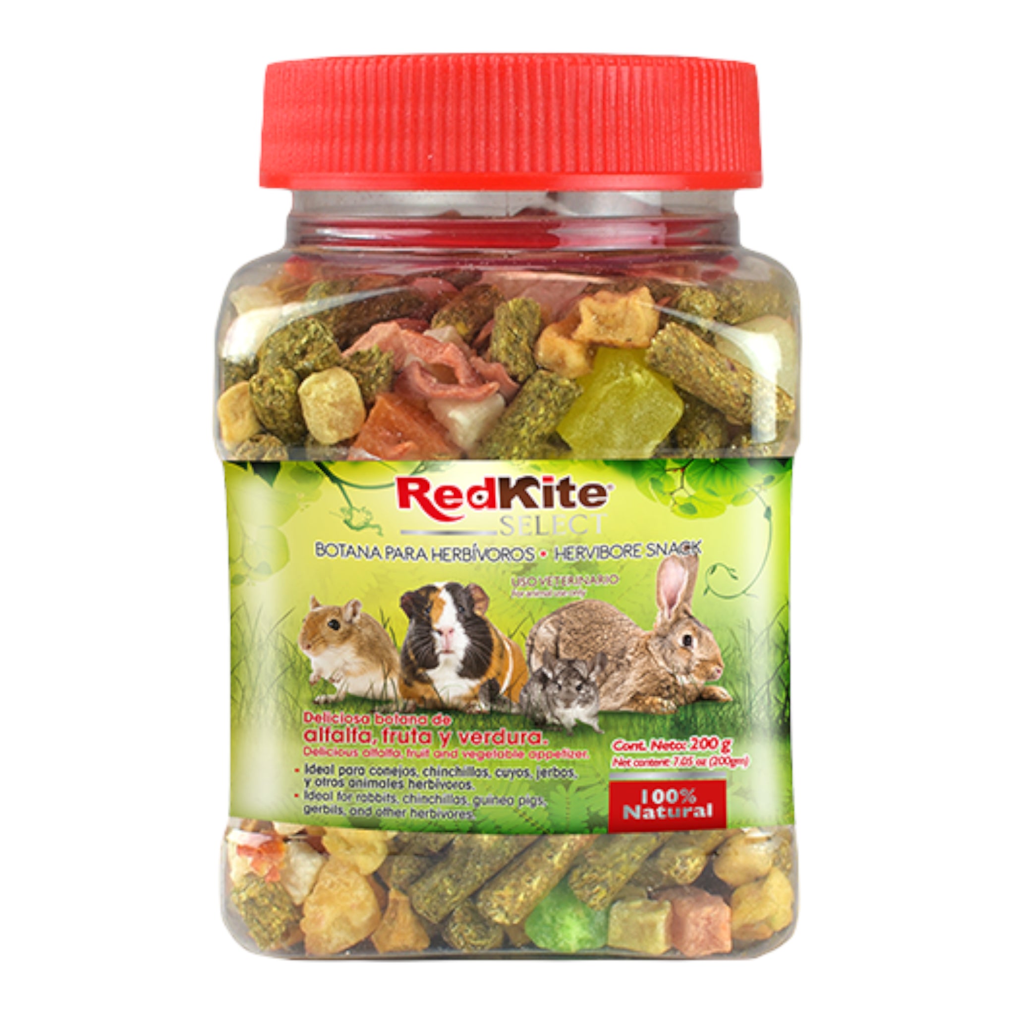 Snack de alfalfa y frutas para cuyos y pequeños herbívoros en envase, mezcla natural para desgaste dental y alimentación complementaria.