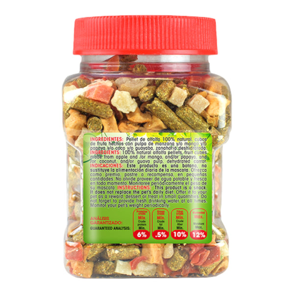 Mezcla de pellets de alfalfa, zanahoria deshidratada y frutas para cuyos, conejos y chinchillas, sin conservadores ni colorantes.
