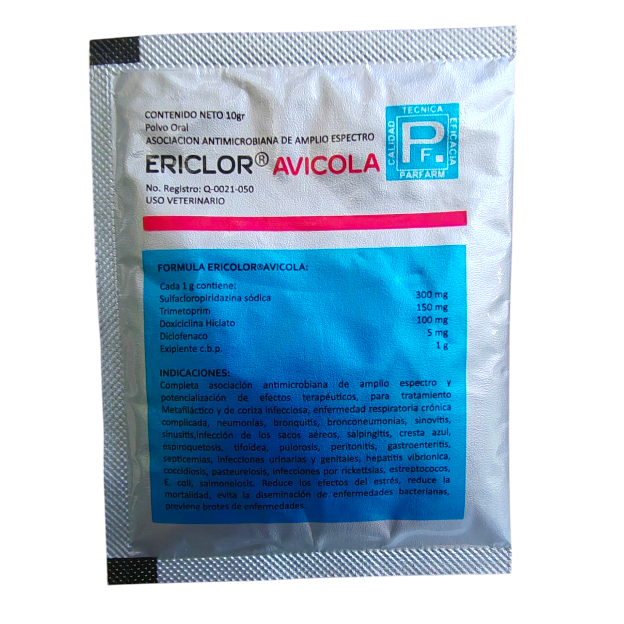 Sobre de Ericlor Avícola polvo soluble 10g para aves, tratamiento de infecciones respiratorias, digestivas y reproductivas