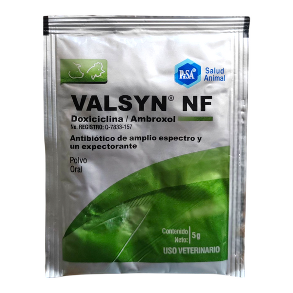 Imagen del sobre Valsyn NF 5g, antibiótico y expectorante para aves y cerdos, tratamiento oral de infecciones respiratorias
