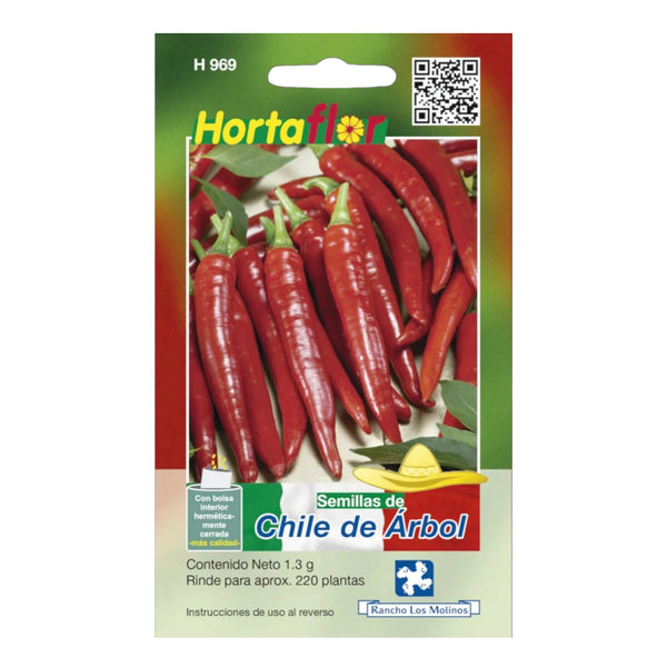 Fotografía de un sobre de semillas de chile de árbol variedad mexicana, ideal para huertos caseros