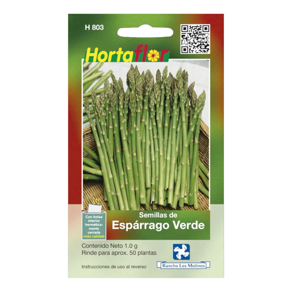 Fotografía del sobre de semillas de espárrago verde listo para cultivar en casa o huerto