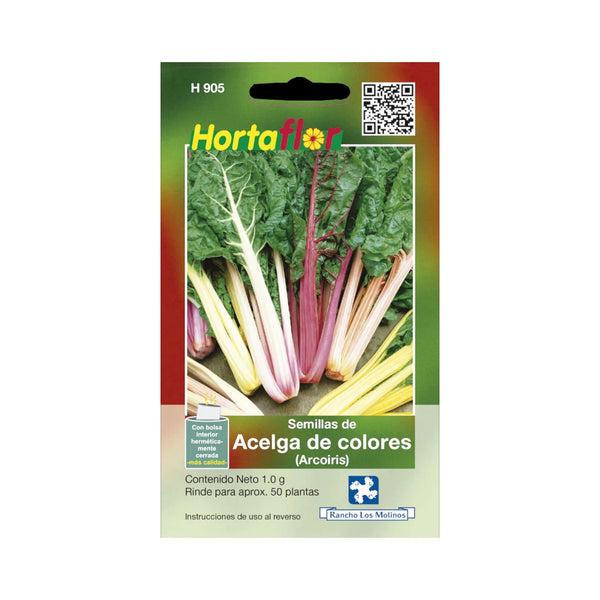 Sobre de semillas de acelga arcoíris, ideal para cultivar hojas comestibles coloridas y nutritivas en casa o jardín.