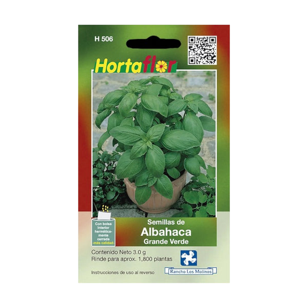 Sobre de semillas de albahaca ideal para cultivar en casa o jardín, perfecta para uso culinario y huertos aromáticos.