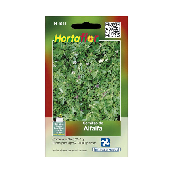Sobre de semillas de alfalfa ideal para cultivo casero, perfectas para cosechar hojas nutritivas en huerto urbano o jardín.