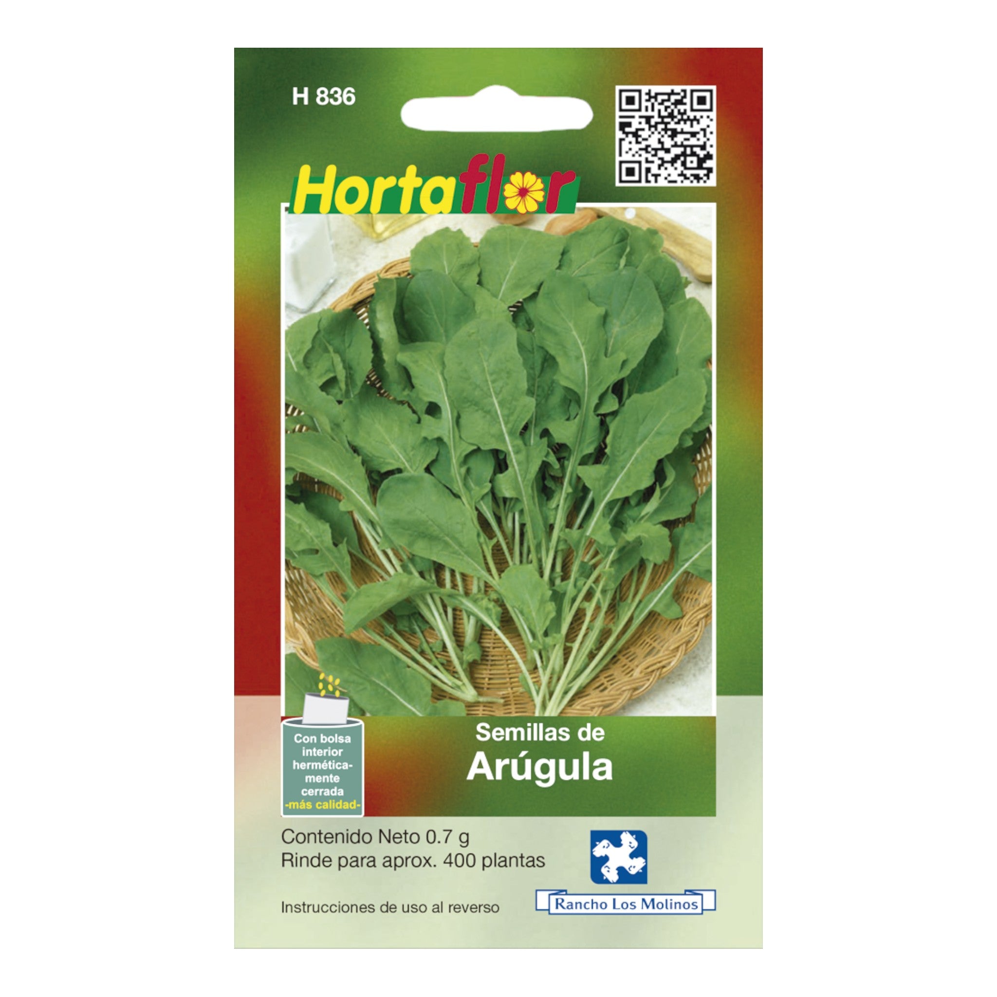 Sobre de semillas de arúgula ideal para cultivar hojas frescas y nutritivas en casa o huerto urbano.