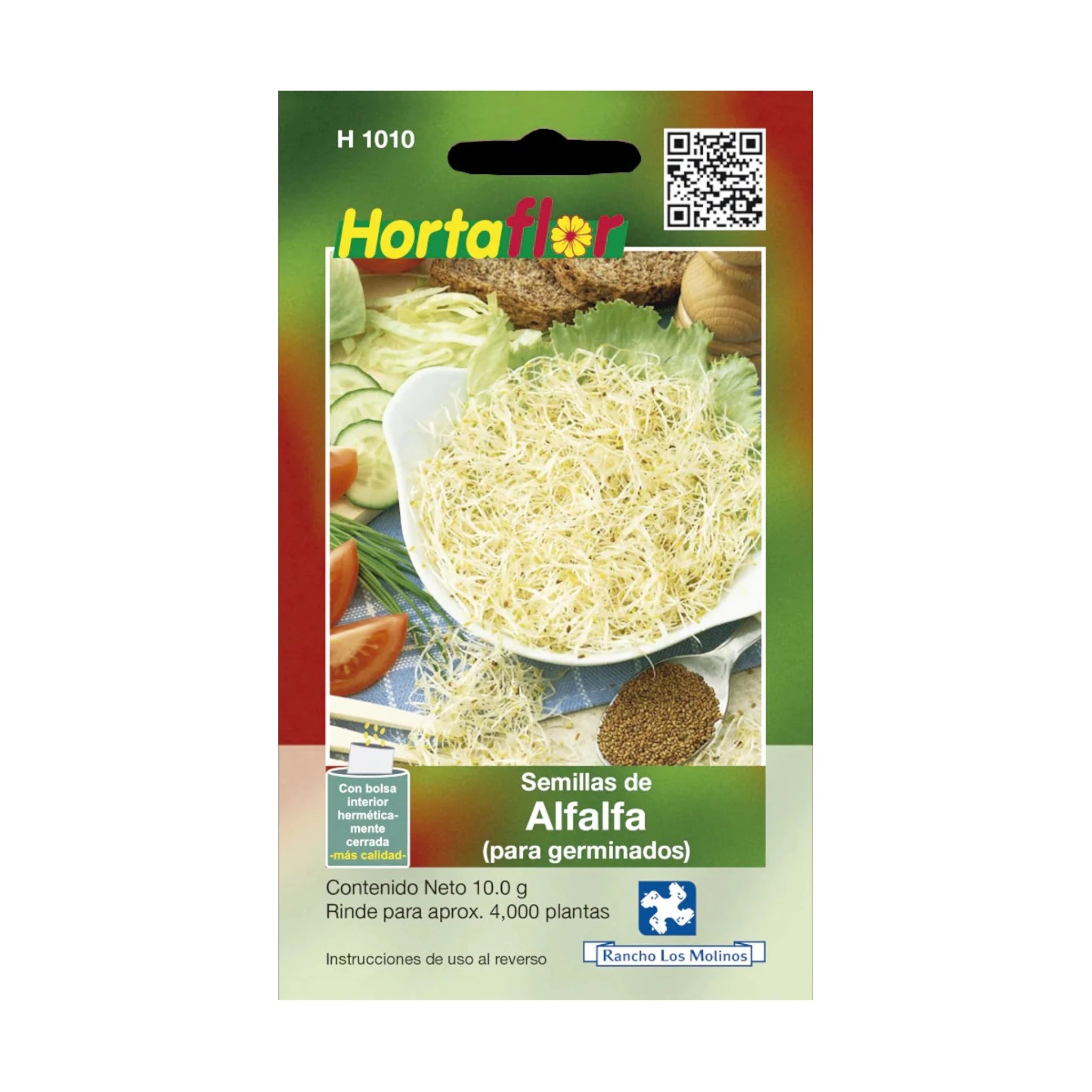 Sobre de semillas de alfalfa para germinados, ideales para cultivar brotes verdes en casa sin necesidad de tierra.