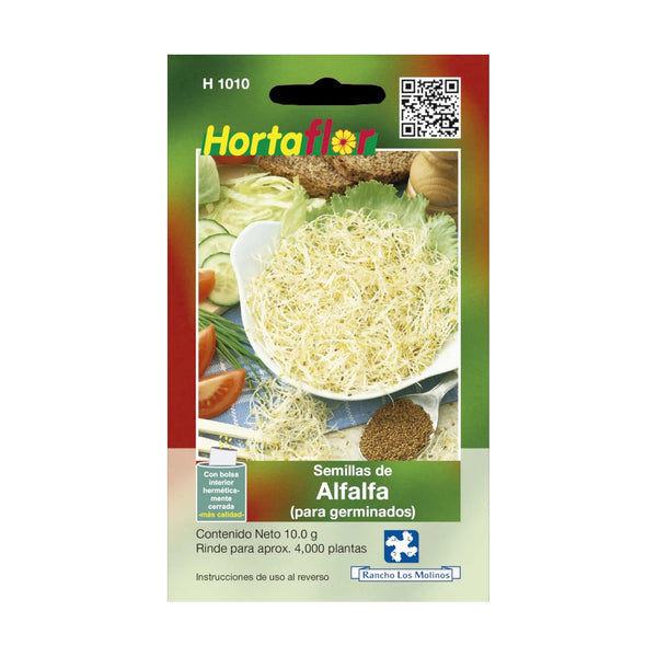 Sobre de semillas de alfalfa para germinados, ideales para cultivar brotes verdes en casa sin necesidad de tierra.