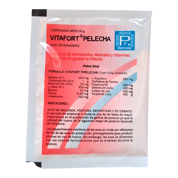 Sobre de Vitafort  de 10 g, suplemento con vitaminas y aminoácidos para apoyar a gallinas en etapa de muda.
