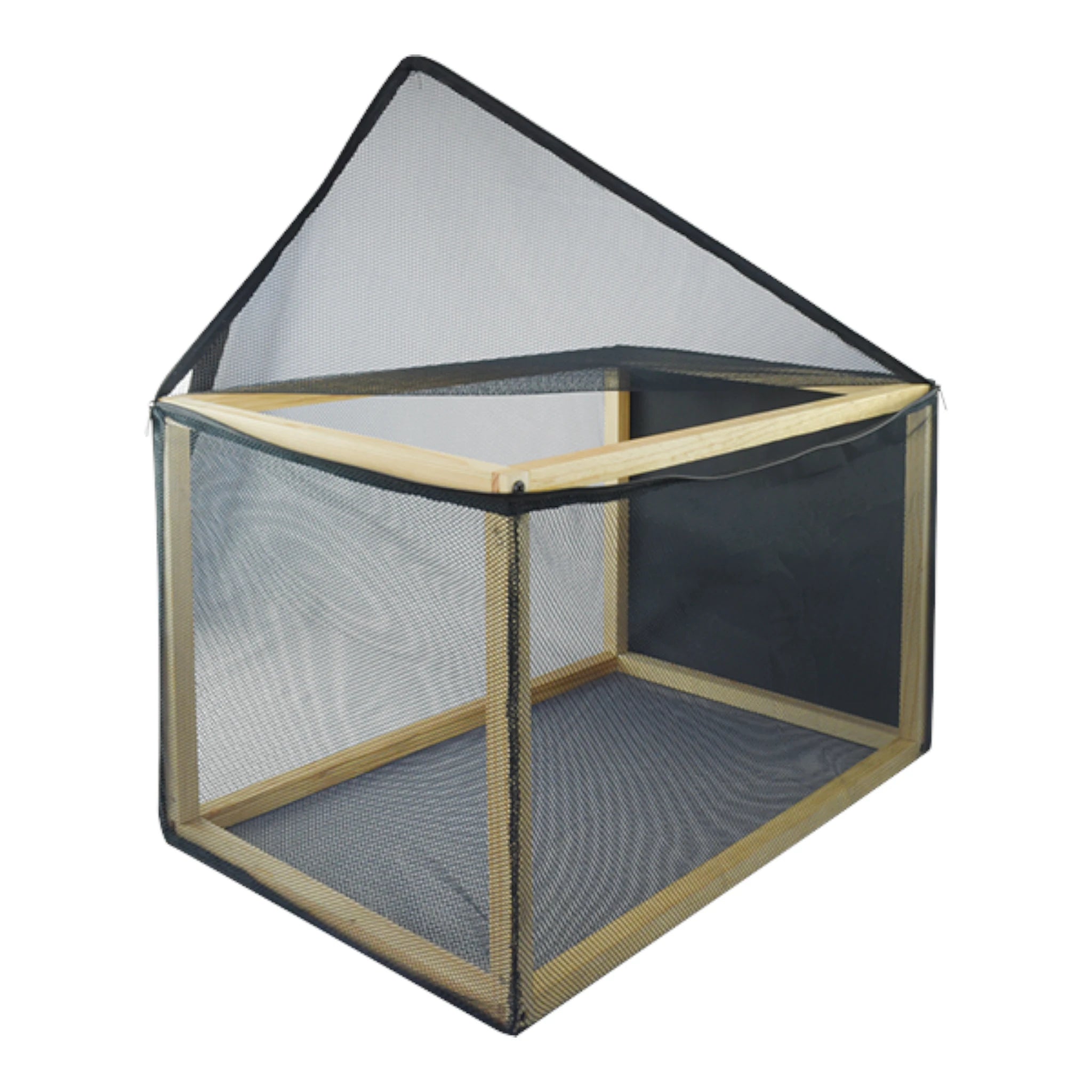 Solarium abierto en posición horizontal para reptiles, con estructura de madera y diseño plegable.