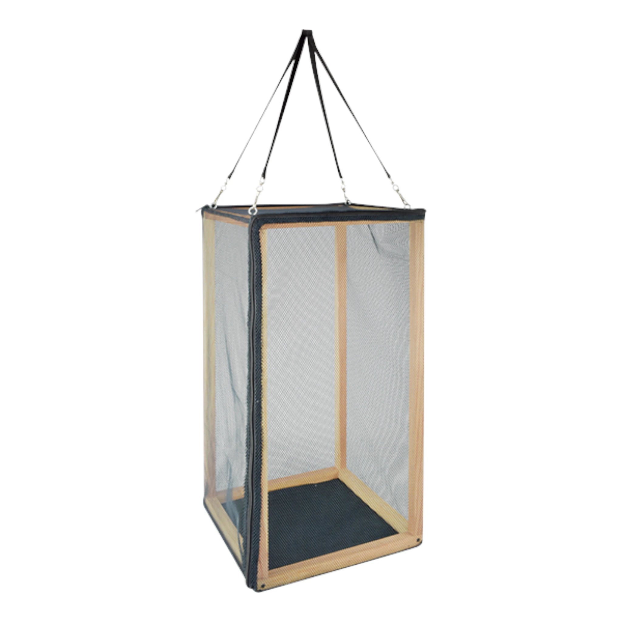Solarium colgante para reptiles, en formato vertical con estructura de madera y malla transpirable.