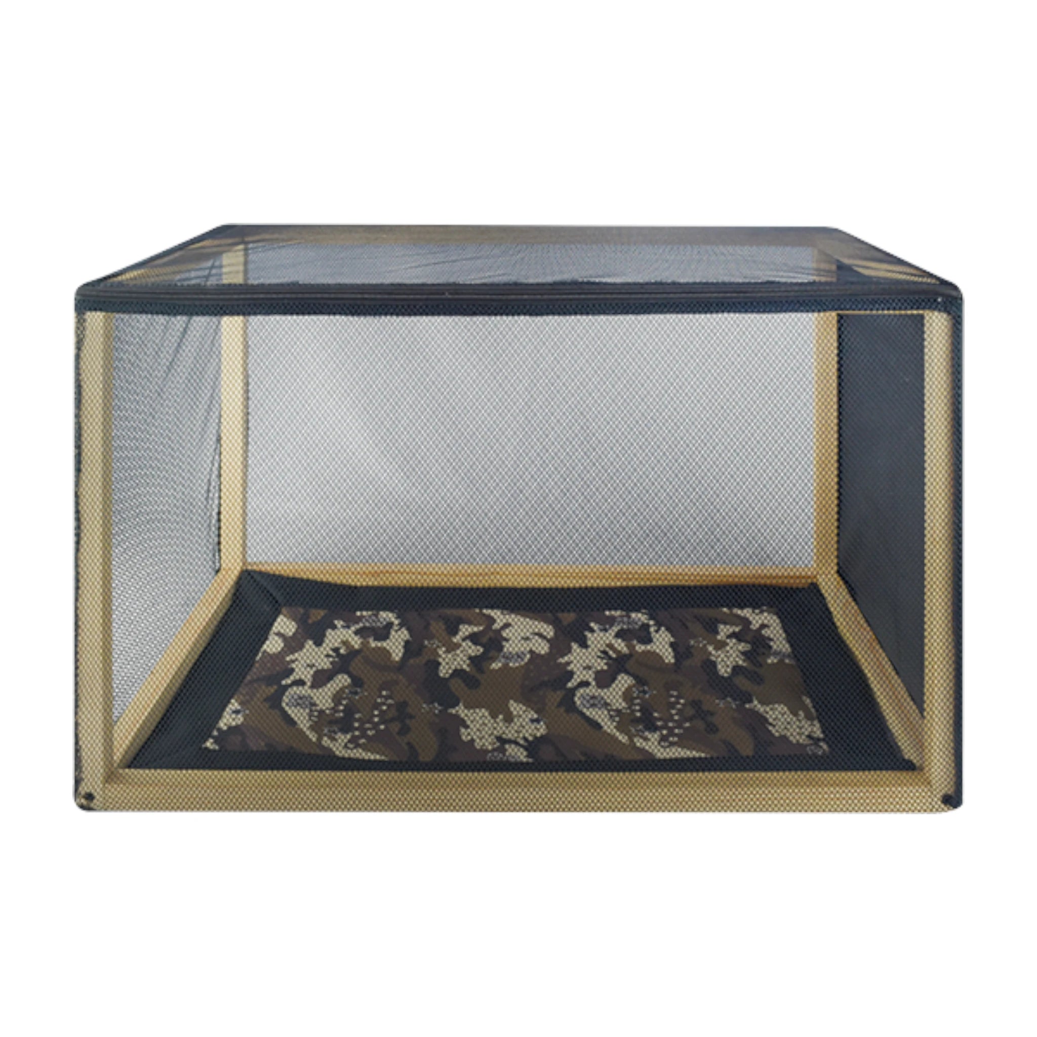 Solarium Reptilia con base de camuflaje, vista lateral que muestra la malla resistente.