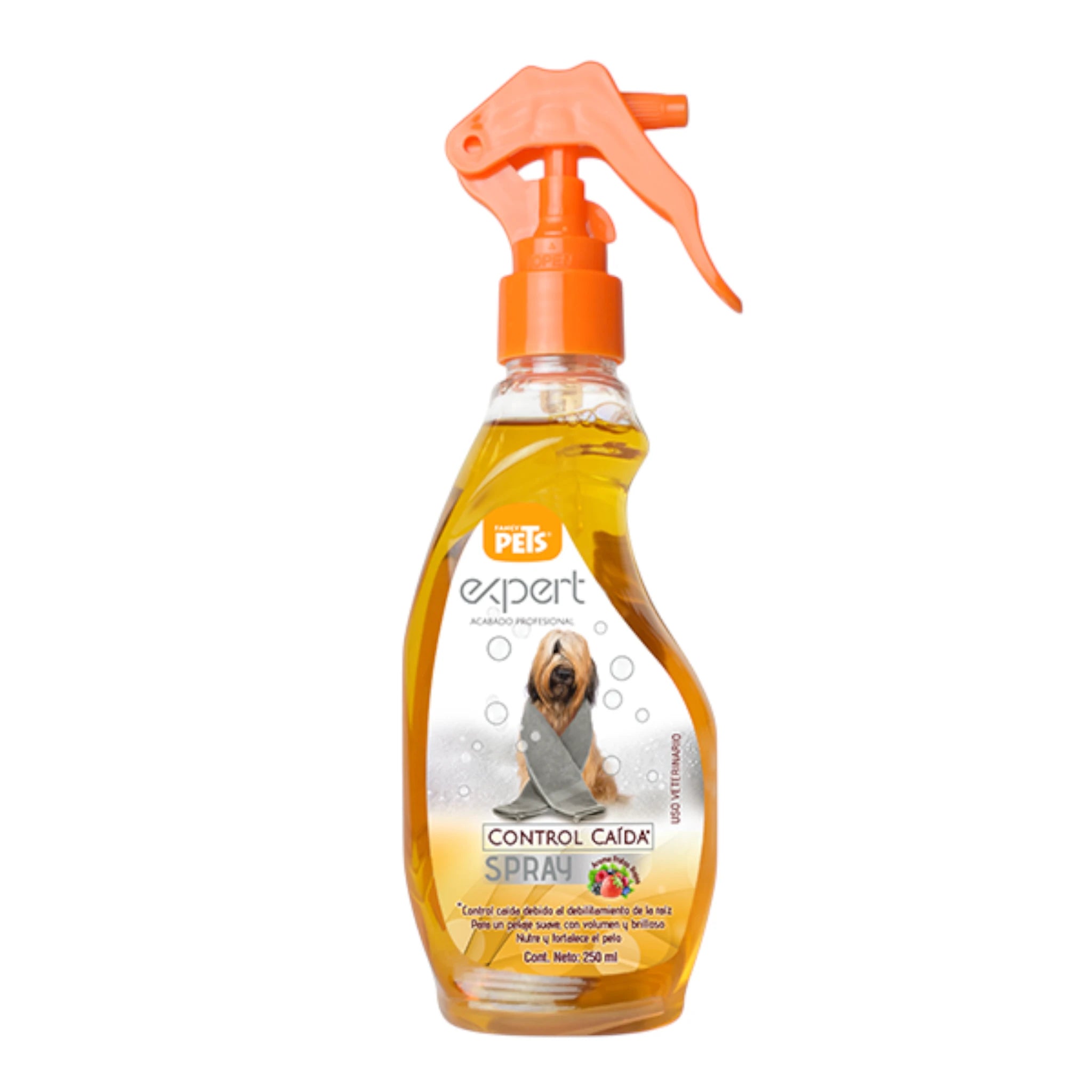 Envase de Spray Control Caída Fancy Pets para perros con aroma a frutos rojos