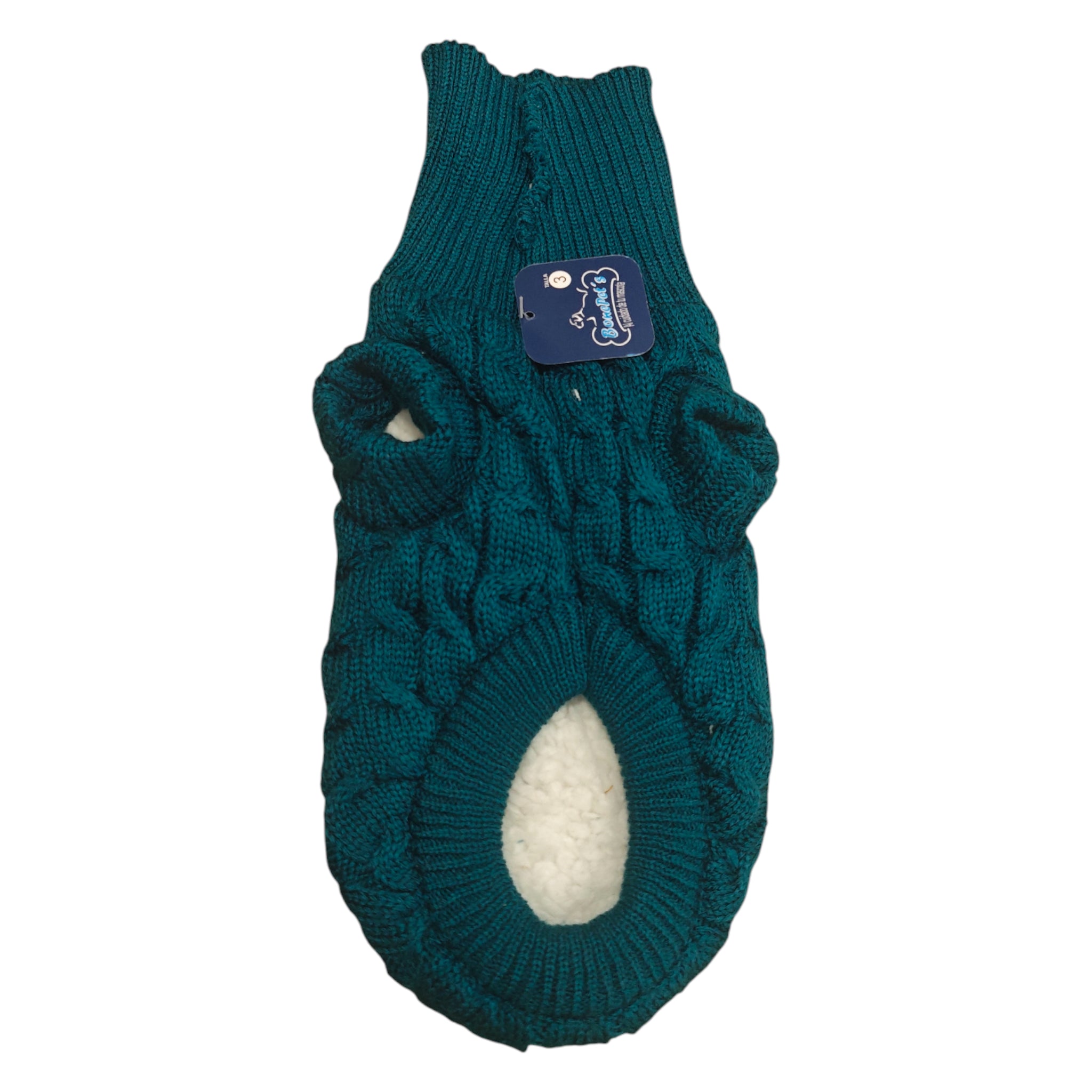Suéter tejido trenzado con borrega para perros y gatos en color azul verdoso