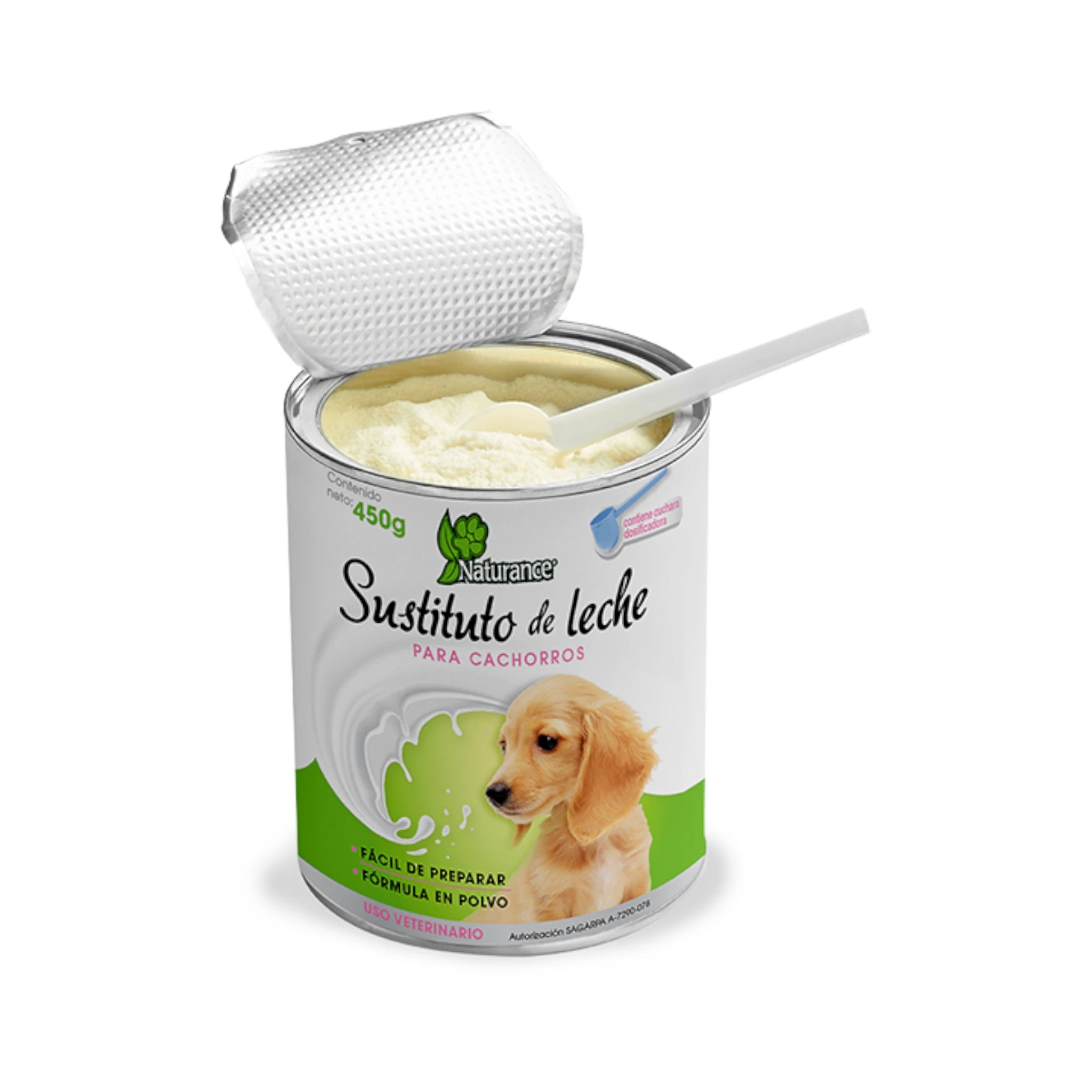 Lata abierta de Sustituto de leche Naturance para cachorros de 450g con fórmula en polvo y cuchara dosificadora incluida