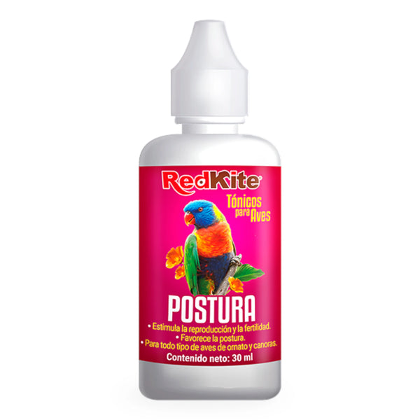 Botella de tónico Postura RedKite aplicándose en bebedero para aves de ornato y canoras.