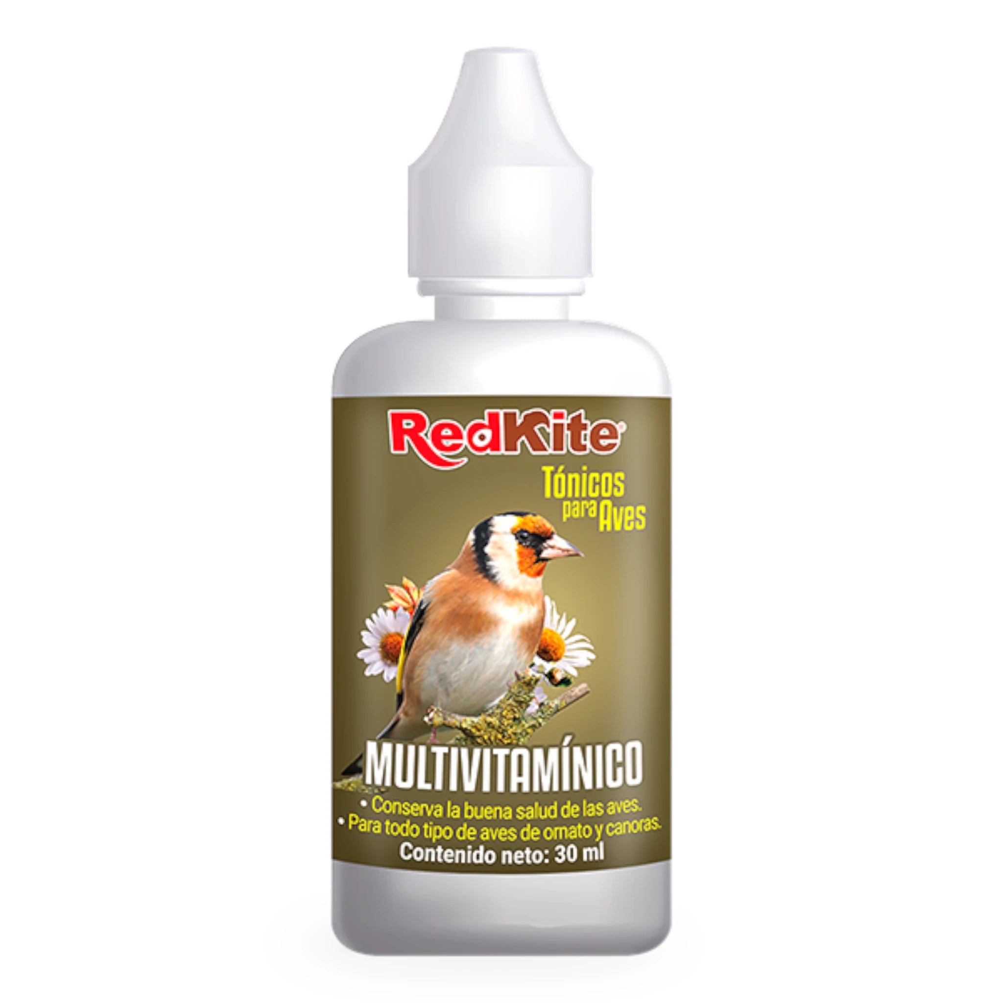 Botella de Tónico Multivitamínico RedKite de 30ml para aves de ornato y canoras, suplemento con vitaminas esenciales.
