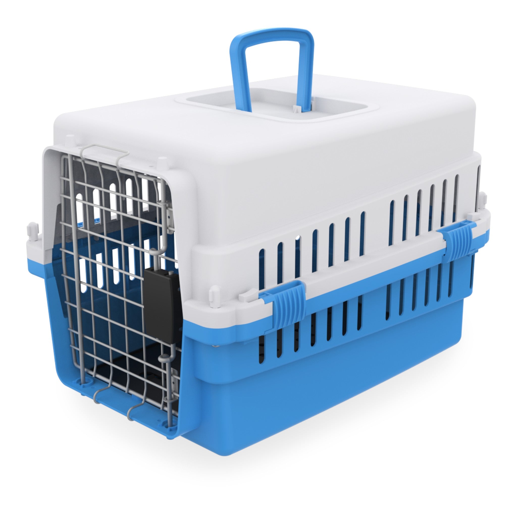 Transportadora color azul cielo con puerta IATA y tapete sanitario para perros y gatos de hasta 5 kg
