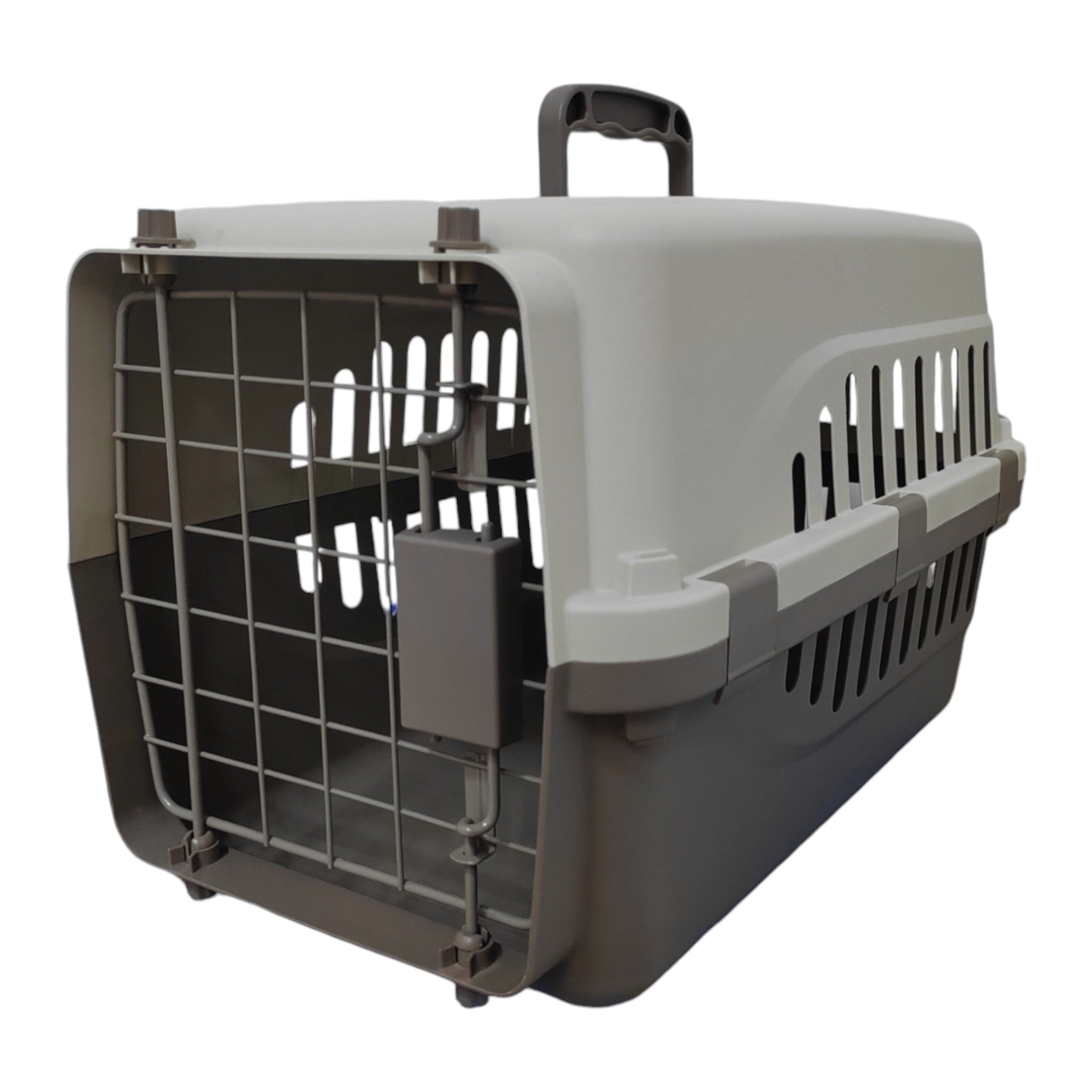 Transportadora café ideal para mascotas de hasta 5 kilos, con puerta metálica y tapete sanitario