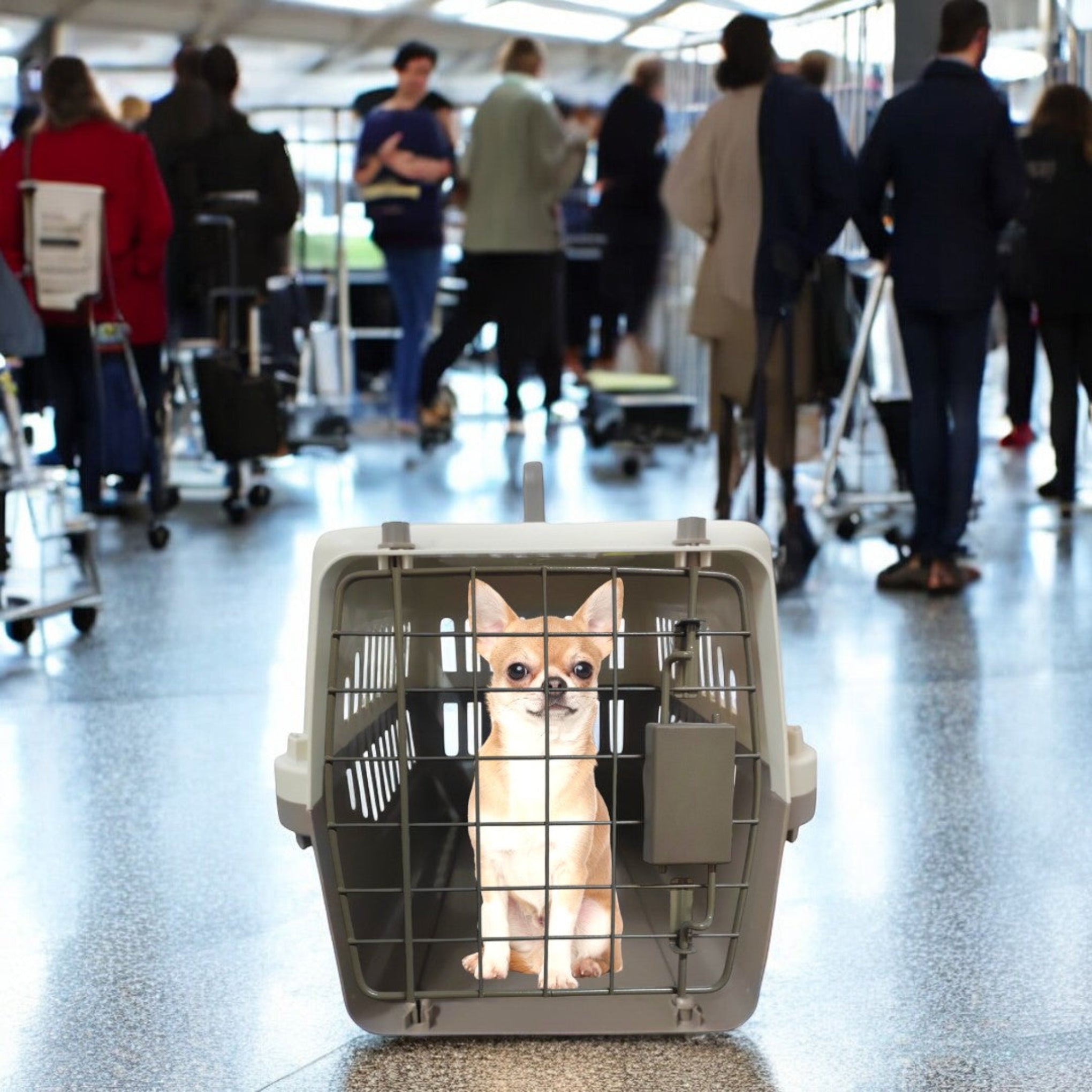Transportadora para mascotas con perro Chihuahua dentro, ideal para viajes y traslados seguros