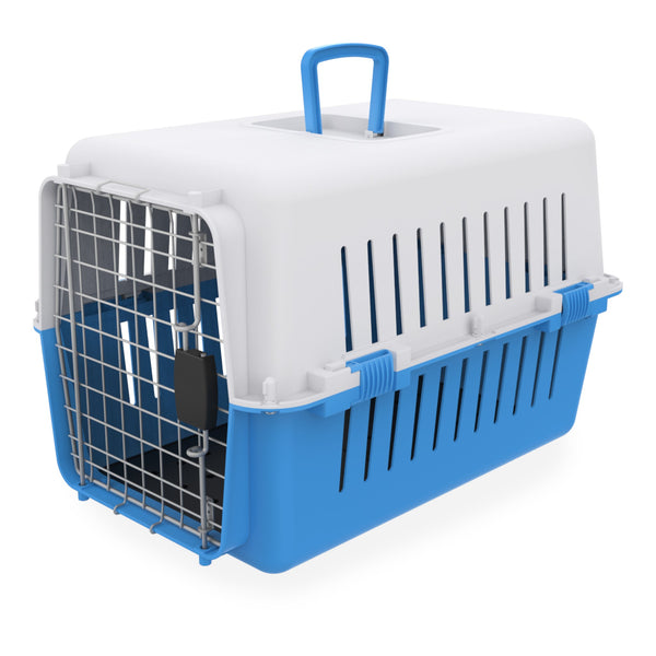 Transportadora color azul cielo con puerta metálica y tapete sanitario, ideal para perros de hasta 10 kg