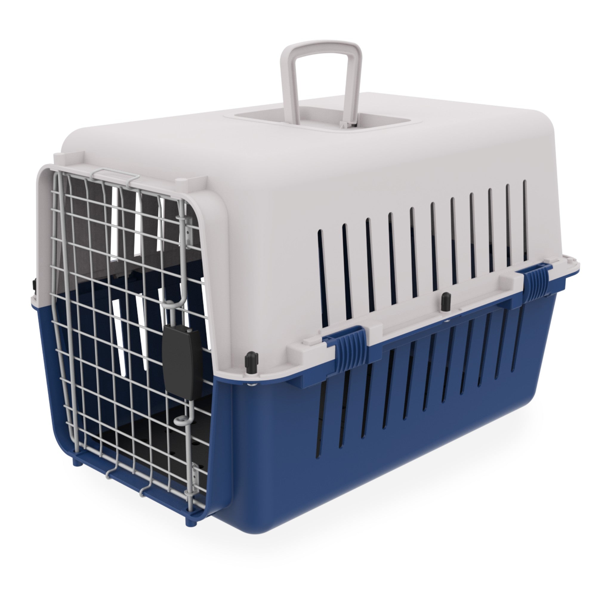 Transportadora azul marino con tapete sanitario y puerta metálica, medidas 61 x 40 x 39 cm
